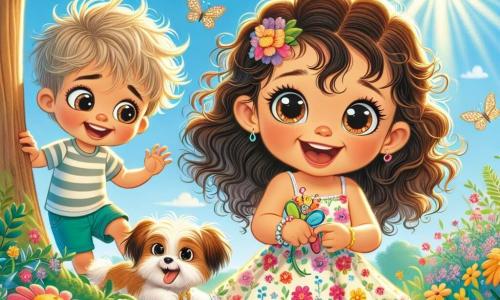 Ein 2-jähriges Mädchen, Lila, mit großen, funkelnden Augen und lockigem Haar, lächelt fröhlich beim Spielen in einem sonnigen Garten. Sie trägt ein buntes Kleid mit Blumen und hält ein kleines Schmetterlingsspielzeug in den Händen. Neben ihr versteckt sich ein 4-jähriger Junge, Max, mit zerzausten blonden Haaren und einem gestreiften T-Shirt, hinter einem großen Baum und lacht leise. Ein niedlicher kleiner Hund mit braunem und weißem Fell, dessen Schwanz wedelt, nähert sich ihnen, neugierig und freundlich. Der Garten ist voller leuchtender Blumen, flatternder Schmetterlinge und einem klaren blauen Himmel, was eine fröhliche und verspielte Atmosphäre schafft. Die Szene zeigt Lila und Max, die Verstecken spielen, während der Hund dazukommt und ihrem Spiel eine fröhliche Note verleiht.