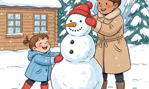 A joyful 2-year-old girl with a round face, rosy cheeks and short chestnut hair in small strands, wearing a sky-blue coat, red boots and thick mittens, pushes a large snowball to form the snowman's body while her smiling, attentive mother (about 30) with hair in a bun and a beige coat stands to her right, helping stack the balls and holding a red hat ready to place; the snowy yard in front of a wooden house with paned windows and a snow-covered roof, a few dusted firs and fresh footprints form the background; the scene shows a large white snowman with a red hat, two black stone buttons and an orange carrot nose, the girl laughing as the mother adjusts the hat, with soft, bright lighting and visible snow textures.