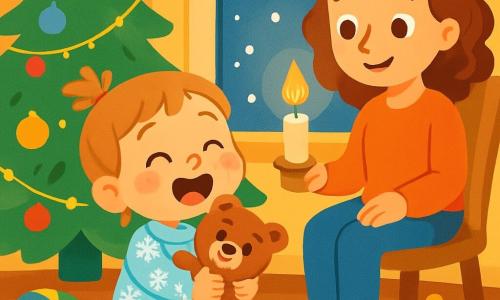 A 2-year-old girl with sparkling blue eyes and rosy cheeks is sitting on a fluffy rug surrounded by toys. She wears cozy red socks and a snowflake-patterned pajama. She smiles joyfully, holding her teddy bear close, enchanted by the magic of Christmas. Her mother, a woman in her 30s with curly brown hair, sits next to her in a chair, smiling and looking at the little girl with tenderness while holding a lit candle that casts a warm golden light in the room. The scene takes place in a cozy living room decorated with a sparkling Christmas tree adorned with colorful ornaments and twinkling lights. Snowflakes gently fall outside, creating a fairy-tale landscape through the window. The little girl sings happily, her eyes shining with excitement as she watches the tree lights and falling snow, filled with joy and wonder.