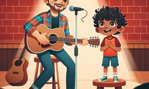 Un hombre de unos 35 años, llamado Diego, está en un pequeño escenario de madera con su guitarra en mano. Tiene el cabello castaño ligeramente ondulado, una barba bien cuidada y una sonrisa cálida que expresa alegría y pasión por la música. Lleva una camisa de cuadros colorida y jeans casuales, cautivando al público con su voz melodiosa. A su lado, un joven de 12 años, Lucas, se muestra nervioso y emocionado. Tiene el cabello negro y rizado, ojos brillantes de determinación, y viste una camiseta roja y un pantalón corto. Lucas mira a Diego con admiración, listo para cantar por primera vez. El lugar es un pequeño club de jazz, "El Rincón del Jazz", con paredes de ladrillo rojo y luces tenues que crean un ambiente acogedor. Las mesas de madera rodean el escenario, donde amigos y familias aplauden con entusiasmo, mientras notas de música flotan en el aire. La situación principal muestra a Diego animando a Lucas, quien se prepara para cantar por primera vez ante un público, con emoción y nerviosismo en el ambiente, mientras la magia de la música envuelve la escena.