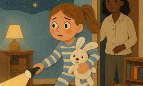 An 8-year-old girl, brave but a little anxious, flushed face, big bright eyes and light-brown pigtails, in blue-and-white striped pajamas, holds a lit flashlight in her right hand and rests her left on a white bunny lovey with a button nose; her mother (about 35) stands in the doorframe, gentle smile, light cotton shirt, caring gaze, hand on the jamb; the plush 