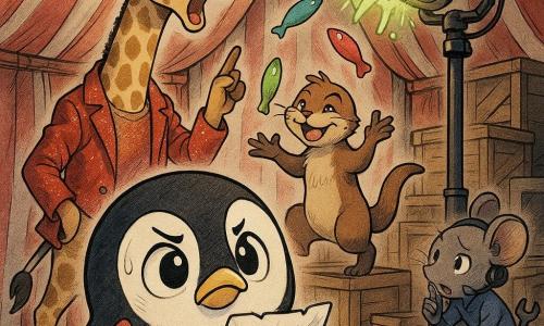Peppy the penguin is the small round black-and-white protagonist with bright eyes and a determined yet anxious expression, holding a crumpled checklist and a pencil tied to his flipper in the foreground; the troupe leader is a tall slender giraffe with beige fur and brown spots wearing a red sequined jacket, surprised and pointing up at a spotlight above them; a quick juggling otter with glossy brown fur and a mischievous grin tosses three colorful rubber fish in the background; a small grey mouse stagehand hiding near a cart wears a blue headset, whispers and points at the spotlight while holding a wrench; the backstage of a big red-and-white striped circus tent with worn wood, stacked prop boxes, warm string lights and confetti on the floor; main action: the central spotlight sputters and sneezes green pickle-like flashes, the penguin tries to fix the lamp using his checklist while the others bustle around in a hurried but cheerful atmosphere.