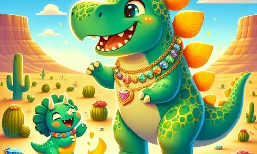 Een blije stegosaurus, genaamd Steggy, staat in het midden van de afbeelding, met zijn grote silhouet versierd met groene en glanzende platen op zijn rug. Zijn ogen stralen van opwinding terwijl hij glimlacht en een prachtige gouden ketting, versierd met edelstenen, in zijn voorpoten vasthoudt. Naast hem springt een kleine triceratops genaamd Trixie, met drie hoorns op haar hoofd en een groene huid, van blijdschap, haar ogen stralend van geluk. Ze draagt een ketting van kleurrijke bloemen en staat iets naar achteren, kijkend naar Steggy met bewondering. De achtergrond is een uitgestrekt en zonnig woestijnlandschap, bezaaid met cactussen in verschillende vormen en warme gekleurde rotsen, onder een helderblauwe lucht met enkele witte, donzige wolken. In de verte zijn gouden heuvels te zien die in de horizon vervagen. De belangrijkste situatie toont Steggy en Trixie die hun ontdekking van een waardevolle ketting vieren te midden van hun dinosaurusvrienden, die dansen en plezier maken rond een groot kampvuur, wat een feestelijke en blije sfeer creëert.