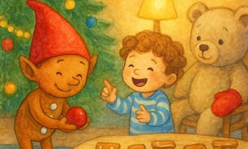 A mischievous smiling gingerbread elf (golden-brown skin) with a red pointed hat, white sugar buttons and shiny green shoes bows while holding a small shiny Christmas bauble; a laughing 3-year-old with curly hair in blue-and-white striped pajamas stands by the table applauding and pointing at a line of cookies arranged as a little train; a large beige teddy bear with a red mitten on its shoulder sits on a chair looking fondly; warm interior decorated for Christmas with a dense green tree, gold garlands and colored baubles, a red pompom garland, a light wooden table with a plate of cookies, a star-pattern rug and soft lamp light; central moment: the elf has aligned the train-shaped cookies, a bauble falls and he gently picks it up while the child laughs—tender mood, soft bright colors, visible watercolor texture and granulation.