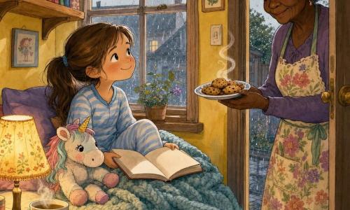 An 8-year-old sick but smiling girl with slightly rosy pale cheeks and brown pigtails in light-blue striped pajamas sits on a windowsill wrapped in a thick wool blanket with an open book on her lap while a kindly ~70-year-old neighbor with gray hair in a bun and a floral apron stands at the doorway on the right offering a plate of warm cookies; a worn pastel unicorn comforter rests near the girl's hands, the small cozy bedroom has pale yellow walls, a wooden shelf with books and a steaming cup of herbal tea on the nightstand, raindrops streak the window, and warm bedside lamp light contrasts with the gray rainy afternoon outside.