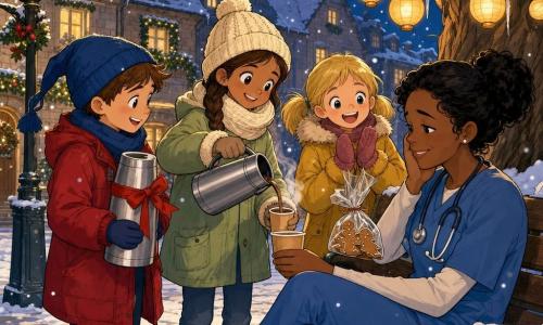 Three children: Tom, 10, short brown hair, blue hat with long pompom and red coat, holding a large silver thermos with a red ribbon; Nora, 10, brown braided hair, cream knit hat and light green coat, smiling as she pours hot chocolate into a paper cup; Emma, 9, blonde pigtails, mustard parka, holding a small bag of ginger cookies and clapping joyfully. They stand by a bench under a tree lit with small round lanterns, snowy sidewalk and an old streetlamp nearby, stone houses with wreaths and a twilight indigo sky with falling snow. The three offer hot chocolate from the thermos to a tired nurse sitting on the bench; warm, festive atmosphere with steam rising from cups and golden lantern light on their faces.