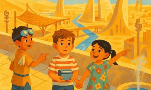 Three children on a pale stone terrace overlooking the dune city of Dunehaven: Noah, about 10, tousled light-brown hair, striped tee and shorts, stands slightly forward holding a small shiny metal box, shy but determined; Maya, about 10, black hair in pigtails, floral dress, to Noah’s right, smiling, holding his hand and pointing to the city below; Zed, about 11, tanned, goggles on his forehead, sandy-colored light clothing with small decorative wings, to Noah’s left, gesturing toward a sand-sailer race below. Behind them a small citizens’ council listens as Noah speaks softly; the city breathes—wind in hollow wind-catchers, shadow patterns from woven panels, narrow shimmering canals, pale sand with sand-sailers racing and fine fountain mists—warm sandy tones and soft blues, visible textures of braided fabric, polished stone and slightly patinated metal.