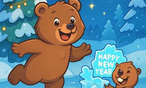 A brown bear named Benjamin, with soft and silky fur, joyfully stands on a frozen lake, his eyes sparkling with happiness and a wide smile on his face. He glides gracefully on the ice, his paws leaving delicate traces in the snow. Beside him, a mischievous beaver named Baxter, with brown fur and prominent teeth, laughs with joy while holding a small ice sculpture, his eyes shining with excitement. The setting is a beautiful winter landscape, with majestic trees covered in sparkling snow, twinkling stars illuminating the night sky, and bright garlands hanging from the branches. The scene captures the moment when Benjamin and Baxter, surrounded by their animal friends, prepare to celebrate the New Year, the atmosphere filled with joy and anticipation as they admire the ice sculpture adorned with a 