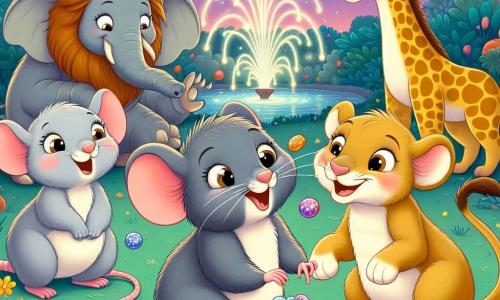 Um pequeno rato chamado Remy, com pelagem cinza suave e olhos brilhantes de curiosidade, está em pé sobre as patas traseiras, com um grande sorriso no rosto, segurando um pequeno balde cheio de pedras coloridas e brilhantes. Ao lado dele, uma elefanta chamada Eloá, com grandes orelhas e pele cinza, se inclina para frente com um ar alegre, admirando as pedras. Ao fundo, um leão chamado Leôncio, com uma exuberante juba dourada, ri enquanto tenta malabarismos com frutas, enquanto uma girafa chamada Giovana, com seu longo pescoço e pelagem manchada, dança graciosamente ao redor deles. A cena acontece em um parque verdejante, sob um céu estrelado, com uma grande fonte cintilante no centro, cercada por flores coloridas e risadas de animais. Remy e seus amigos celebram a incrível descoberta de um tesouro, cheios de alegria e excitação, criando uma atmosfera festiva e amigável.