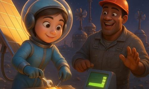 Captain Mira, a smiling focused young woman with short brown hair under a transparent helmet in a light-blue spacesuit with silver stripes, delicately adjusts a large solar panel with a shiny wrench while Max, about 35, stocky in a red helmet and rock-powder-stained metal overalls, stands by a control panel applauding and pointing to a rising energy gauge; a small round white-and-yellow robot with blue lights rolls at Mira’s feet sending friendly sparks; the asteroid mining station has silver-sheet roofs, twisted cables, tall solar-panel towers, glowing boxes and gray rocky ground studded with glittering crystals; the deep-space background shows dense stars, a distant ringed purple planet and a low sun casting golden light and long shadows, creating a joyful cooperative mood and a small technical triumph at dusk.