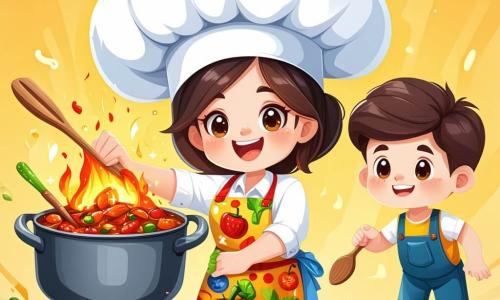 Chef Mia, een vrolijke vrouw van een dertig jaar, draagt een grote witte koksmuts die boven haar hoofd uitsteekt, een kleurr apron met groentepatronen en een grote glimlach op haar gezicht. Ze roert in een grote pan op het vuur, haar ogen stralen van opwinding terwijl ze haar beroemde Magische Stoofpot bereidt. Naast haar staat Tim, een tienjarig jongetje met rommelig bruin haar en nieuwsgierige ogen. Hij houdt een grote houten lepel vast, klaar om Chef Mia te helpen, en kijkt verwonderd naar de pan. De scène speelt zich af in een warme en uitnodigende keuken, met houten muren, planken vol kleurrijke specerijen en verse groenten op een marmeren werkblad. Zacht zonlicht valt door een raam en verlicht de ruimte met een magische sfeer. In deze illustratie zijn Chef Mia en Tim druk bezig met de voorbereiding van de Magische Stoofpot, omringd door kleurrijke ingrediënten die om hen heen dansen, wat een vrolijke en creatieve sfeer creëert.