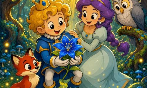 Een jonge prins (jongen) met rond gezicht, blonde krullen, grote heldere ogen en een verwonderde glimlach houdt voorzichtig een grote saffierblauwe sterbloem tegen zijn borst; een jonge prinses van ongeveer 12 met paarse vlecht en lichte nevelkleurige jurk staat naast hem, lacht zacht en legt vriendschappelijk een hand op zijn schouder; een klein rood vosje met glanzende vacht en ondeugende ogen zit bij hun voeten met opgerolde staart en kijkt naar de bloem; een oude uil met zilvergrijze veren en wijze ogen zit rechts op een lage tak en helt het hoofd als waakzame beschermer; plek: een open plek in het Betoverde Bos met zachte graszoden en gloeiende vuurvliegjes, kronkelende met blauwgroen mos bedekte stammen, gouden zonnestralen en zwevende deeltjes; sfeer: ontdekking en gedeeld geluk — de prins toont de glanzende blauwe bloem omringd door vrienden, warme, verzadigde kleuren, sterke contrasten en dikke zwarte contouren in retro-cartoonstijl, levendige palette van saffierblauw, smaragdgroen en warm goud.