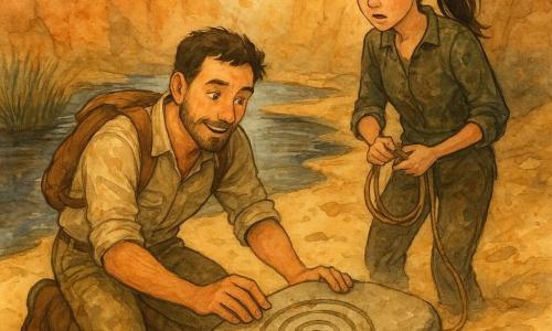 Männlicher Entdecker etwa 35, kurzbärtiges sonnengebräuntes Gesicht, neugierig-erleichterter Ausdruck, kniet im Sand, gräbt mit den Fingern und findet eine glattsteinplatte mit Spirale. Teenagermädchen etwa 16, dunkler Pferdeschwanz, praktische leicht schmutzige Kleidung, besorgt-bewundernder Blick, steht etwas zurück am Rand der Sandbank und hält ein kurzes Seil zum Mann. Ort: enge Guelta zwischen ockerfarbenen Klippen, dunkles metallisch schimmerndes Wasser, helle Sandbänke, Schilf und rissige Felswand dahinter. Niedrige Lichtstimmung, stauborange getrübter Himmel, aufgewirbelter Sand, feucht-trockene Texturen kontrastreich. Halbnahe Komposition, leichter Aufsichtswinkel, zeigt die gravierte Platte, Fußspuren im Sand und die Beziehung der beiden.