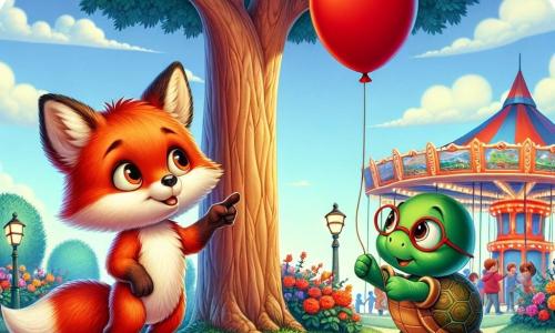 Ein kleiner Fuchs mit großen Ohren und leuchtend orangefarbener Fellfarbe, dessen Augen vor Neugier funkeln, steht auf seinen Hinterbeinen und schaut entschlossen auf einen großen Baum. Er zeigt mit dem Finger auf einen roten Ballon, der an einem Ast hängen geblieben ist, und sein Ausdruck verrät eine Mischung aus Aufregung und Neugier. Neben ihm sitzt eine kleine Schildkröte mit grünem Panzer und runden Augen, die konzentriert in einem kleinen Notizbuch Notizen macht, während sie auf einem flachen Stein sitzt. Im Hintergrund schafft ein bunter Park mit leuchtenden Blumen, spielenden Kindern und einem fröhlich drehenden Karussell eine festliche Atmosphäre. Die Szene zeigt den Moment, in dem die beiden Freunde, kleine Ermittler, den roten Ballon entdecken, der im Baum feststeckt, ein Symbol für ihre Suche nach dem verlorenen Spielzeug eines Kindes.