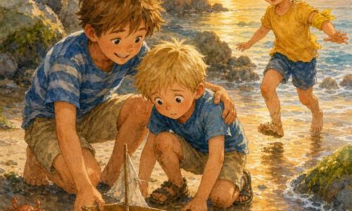 Een beschermende en zelfverzekerde 10-jarige jongen met warrig lichtbruin haar en sproeten, in een blauw gestreept T‑shirt en beige korte broek, houdt de hand van een 7-jarige blonde jongen met grote bezorgde ogen en modderige sandalen terwijl hij hem helpt op rotsen; een vrolijke 6‑jarige meid met bruin paardenstaartje en een gerepareerde gele zwemband springt op het natte zand; op een rotsachtige schemerstrand leggen ze samen een eenvoudig papieren bootje met schelpen in een beschutte inham, glanzend nat zand, groene mosvlekken op zilvergrijze rotsen, schuimende golfjes, kleine schelpen en krabbetjes, warme oranje zonsondergang en vage aquarelachtige penseelstreken voor licht en schuim.