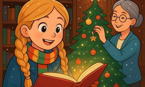 Una ragazza di 10 anni, di nome Bianca, con lunghi capelli biondi intrecciati e occhi brillanti di curiosità, sorride meravigliata tenendo un grande libro rosso aperto davanti a sé. Indossa un cappotto di lana blu, una sciarpa colorata e guanti di lana, mentre la neve scende dolcemente intorno a lei, creando un'atmosfera magica. Accanto a lei, una bibliotecaria sorridente di circa 50 anni, con occhiali tondi e capelli grigi raccolti, sistema una piccola decorazione dorata su un albero di Natale. Si trova vicino a una porta in legno decorata, guardando Bianca con benevolenza. La scena si svolge in una biblioteca accogliente, con muri in legno scuro, piena di libri dalle copertine colorate. Ghirlande luminose brillano al soffitto e un grande albero di Natale troneggia in un angolo, illuminato da piccole luci. Bianca scopre il libro magico che si illumina sotto le sue dita, circondata da fiocchi di neve che danzano nell'aria, mentre la bibliotecaria la incoraggia a immergersi nel mondo delle storie di Natale.