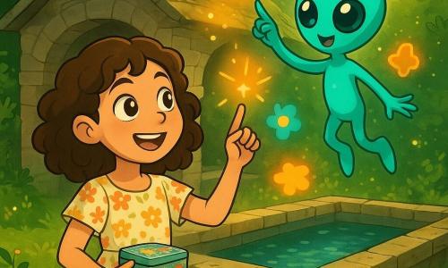 Una niña de 10 años, Clara, con cabello castaño rizado y ojos llenos de curiosidad, está cerca de un antiguo lavadero de piedra, su rostro iluminado por una mezcla de asombro y alegría. Lleva un vestido ligero de flores y sostiene una pequeña caja de metal decorada con dibujos coloridos. A su lado, un pequeño extraterrestre llamado Lúm, con piel brillante de color turquesa y grandes ojos redondos, danza alegremente en el aire, sus manos delicadas formando gestos de luz. El lavadero está rodeado de vegetación, con flores silvestres y rayos de sol filtrándose a través de las hojas, creando una atmósfera mágica y pacífica. Clara y Lúm juegan juntos, haciendo gestos que producen destellos de luz, mientras recuerdos coloridos flotan a su alrededor, iluminando el paisaje con una suave melodía visual.