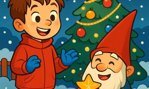 Un ragazzo di 10 anni, Tommaso, con capelli castani arruffati e occhi pieni di curiosità, si trova in un giardino innevato. Indossa un cappotto rosso vivo e guanti di lana, il suo viso esprime meraviglia e gioia. Accanto a lui, un piccolo gnomo di nome Briciola, con un cappello rosso a punta e una lunga barba bianca scintillante, sorride felice, tenendo un'astro dorato tra le mani. Il giardino è coperto di neve fresca, con fiocchi che cadono dolcemente dal cielo stellato. Sullo sfondo, un grande albero di Natale è decorato con luci e palline colorate, illuminando la scena con una calda luminosità. Tommaso e Briciola si trovano vicino all'albero, incantati dalla magia della notte di Natale, mentre la neve continua a cadere intorno a loro, creando un'atmosfera incantata e gioiosa.