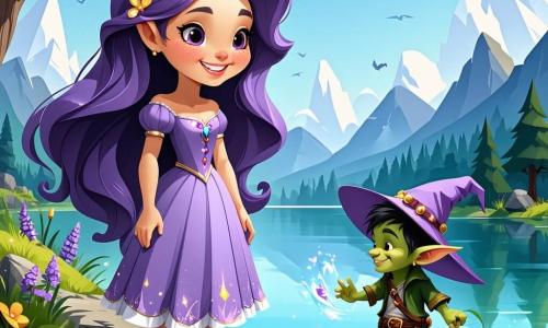 Una princesa alegre, llamada Lila, con largos cabellos ondulados de color violeta y un vestido brillante adornado con flores doradas, se encuentra al borde de un lago cristalino. Tiene una gran sonrisa radiante y ojos chispeantes de picardía, mirando con asombro a un pequeño duende llamado Pipin. Pipin, un niño de baja estatura con un gran sombrero puntiagudo y botas que tintinean como campanitas, salta de alegría a su lado, su rostro iluminado de felicidad. El lago, rodeado de árboles violetas con hojas brillantes, refleja el cielo azul claro y las risas de las hadas que bailan a su alrededor. Las hadas, con sus alas coloridas y vestidos ligeros, vuelan en círculos, creando destellos de luz en el aire. La escena principal muestra a Lila y Pipin riendo juntos, rodeados de burbujas de agua que estallan de alegría, mientras buscan la risa perdida de Pipin.