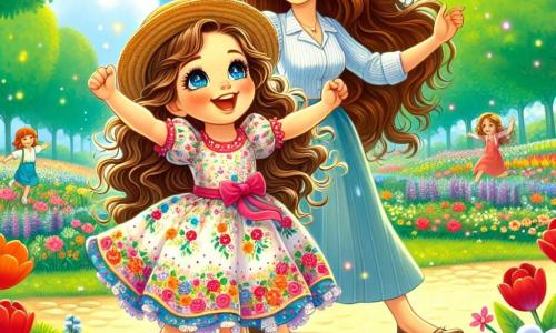 Een klein meisje van 4 jaar, genaamd Lila, met lange krullende haren en sprankelende ogen, danst in een bloeiende park. Ze draagt een mooie kleurrijke jurk met bloemenpatronen en een strohoed. Haar gezicht straalt van opwinding en geluk. Naast haar staat haar moeder, een vrouw van ongeveer 30 jaar met kastanjebruin haar en een warme glimlach, die haar aanmoedigt door haar armen op te tillen. Ze draagt een lichte blouse en een broek, en kijkt met trots naar Lila. Het park is gevuld met heldere bloemen zoals rode tulpen, gele narcissen en paarse viooltjes. Groene bomen omzomen het pad en de lucht is helderblauw met enkele donzige witte wolken. De hoofdscène toont Lila en haar moeder die de lente vieren tijdens een festival, omringd door gelach en muziek, terwijl andere kinderen om hen heen dansen en spelen, wat een vrolijke en feestelijke sfeer creëert.