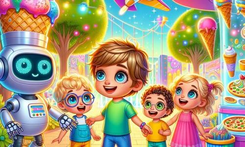 In un parco futuristico di Lumiville, quattro bambini sono insieme, meravigliati dal loro ambiente. Leo, un ragazzo di 4 anni con capelli castani e una maglietta blu, osserva con occhi brillanti un robot cuoco. Alla sua destra, Mia, una bambina di 4 anni con capelli biondi intrecciati e un vestito rosa, indica un gelato colorato appena preparato dal robot. Tommaso, un ragazzo di 4 anni con occhiali rotondi e una maglietta verde, ride mentre tiene una pizza gigante. Infine, Sara, una bambina di 4 anni con capelli ricci e pantaloni corti gialli, si prepara a salire su una macchina voladora brillante, ansiosa di decollare. Il parco è pieno di colori vivaci, con alberi dalle foglie luminescenti e fiori che brillano al sole. Robot amichevoli si muovono intorno a loro e macchine volanti fluttuano nel cielo azzurro, creando un'atmosfera magica e dinamica. La scena principale mostra i bambini intenti a scoprire la macchina voladora, con Sara pronta a salire a bordo, mentre Leo, Mia e Tommaso li osservano con eccitazione, impazienti di vivere questa incredibile avventura.