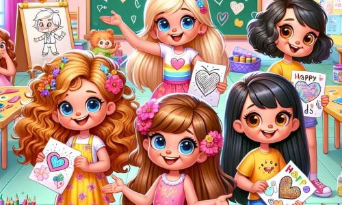 In un'aula colorata, cinque ragazze di 8 anni si tengono insieme, tutte sorridenti ed entusiaste. **Teresa**, con capelli biondi e occhi azzurri, indossa un vestito rosa e tiene una lettera decorata. Accanto a lei, **Sofia**, con capelli castani e ricci, indossa una maglietta gialla e mostra orgogliosamente il suo disegno di un cuore. **Giulia**, con capelli castani e frangia, indossa una gonna a fiori e fa gesti divertenti imitando un giocoliere. Le altre due ragazze, **Luna** e **Mia**, con capelli neri e lisci, decorano lettere con glitter e colori.

L'aula è piena di decorazioni festose: palloncini colorati fluttuano al soffitto, festoni di carta sono appesi alle pareti, e i tavoli sono coperti di materiali artistici. Un grande pannello nero sullo sfondo è pieno di disegni di bambini e parole d'amore per i papà.

Le ragazze stanno preparando uno spettacolo a sorpresa per la festa del papà, cantando e ballando gioiosamente con le loro lettere piene di poesia e amore. L'atmosfera è piena di risate ed eccitazione mentre si preparano a celebrare i loro papà con parole dolci e gesti affettuosi.