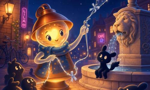 The main character is an anthropomorphic lamp named Lila-Lamp with a glass face showing a glowing heart, a copper shade and a blue scarf; joyful and focused, her translucent hands hold a large silver needle sewing the night sky. A secondary character is a small cat-tail-shaped shadow, black with bluish highlights, surprised yet reassured, perched on the edge of a stone fountain near Lila-Lamp watching the sky being sewn. Other secondary characters: a group of soft round shadow silhouettes with bright eyes, enthusiastic, gathered around the lamp in a semicircle on the cobbles. The setting is a nighttime urban cobbled courtyard with a carved stone lion fountain, brick buildings with distant neon signs, sparkling water droplets, lampposts and a few bikes leaning against walls. The scene shows Lila-Lamp mending a tear in the night sky with a silver thread braided with a shiny ribbon, stitches of light closing the tear and stars returning; magical atmosphere, warm colors and gentle contrasts, centered, child-friendly composition.