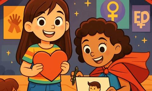 Una niña de 8 años, llamada Martina, con largos cabellos castaños y ojos llenos de curiosidad, sonríe alegremente en un escenario de teatro. Lleva una camiseta de rayas coloridas y un short de mezclilla, sosteniendo un gran corazón de papel en sus manos, simbolizando la amistad y la igualdad. A su lado, otra niña, Sara, también de 8 años, tiene el cabello corto y rizado, y lleva una capa roja. Ella dibuja un superhéroe en una gran hoja de papel, mostrando una expresión concentrada y entusiasta. El decorado es un escenario animado, con cortinas rojas y luces brillantes, donde niños de todas las edades están sentados, cautivados por la actuación. En el fondo, carteles coloridos en las paredes muestran mensajes sobre la igualdad y el respeto. La situación principal muestra a Martina y Sara, rodeadas de sus amigos, interpretando una escena de su obra de teatro sobre la igualdad de género, donde animan a todos los niños a ser ellos mismos y a seguir sus sueños, creando una atmósfera alegre e inspiradora.