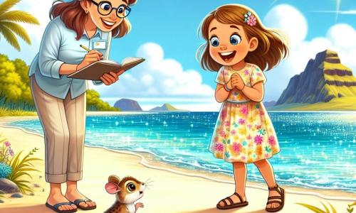 Ośmioletnia dziewczynka, Zosia, z długimi brązowymi włosami i błyszczącymi z ciekawości oczami, stoi na plaży z złotym piaskiem, zachwycona pięknem turkusowego oceanu, który mieni się w słońcu. Ma na sobie kolorową sukienkę w kwiaty i sandały, a jej twarz wyraża intensywną radość i wyraźne podekscytowanie, gdy odkrywa małe zwierzątko z błyszczącymi oczami, które obserwuje ją z krzaków. Obok niej jej nauczycielka, pani Kasia, kobieta około 30 lat z brązowymi włosami i okularami, uśmiecha się, patrząc na Zosię, jednocześnie robiąc notatki w zeszycie. Jest ubrana w lekką koszulę i lniane spodnie, stoi nieco z tyłu, podziwiając entuzjazm swojej młodej uczennicy. Tło stanowi piękna tropikalna wyspa, z palmami kołyszącymi się delikatnie w wietrze i wulkanicznymi skałami w tle, podczas gdy majestatyczne moai dumnie wznoszą się na wzgórzu, dodając otoczeniu odrobinę tajemniczości. Główna sytuacja ukazuje Zosię odkrywającą tajemniczy i starożytny symbol wyryty w kamieniu, otoczoną naturalnym pięknem wyspy, podczas gdy małe ciekawskie zwierzątko zachęca ją do dalszego odkrywania tego magicznego miejsca.