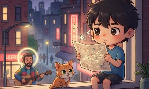 A 12-year-old boy, small and thin, messy black hair, big curious eyes, amazed and a little hesitant, holds an old shiny subway map up to his window light while sitting on a high apartment windowsill with legs swinging; a roughly 30-year-old male busker with a short beard and colorful jacket plays guitar in the street below, seen blurred with a streetlight behind him; a ginger alley cat with mischievous green eyes perches on the radiator watching; the urban twelfth-floor apartment at night has an open window overlooking a lit avenue with brick buildings, neon signs, small pedestrians and a rainy street-food atmosphere; the main moment shows the boy discovering a magical subway map that glows and shifts, its lines sparkling like threads of light and small floating station icons (bell, feather, clock without hands); chibi kawaii style, warm twilight colors (orange, purple, indigo), rounded lines, soft textures and gentle lighting from the interior lamp and streetlamps.