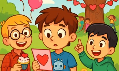 There are 3 characters: Milo, a 10-year-old boy with messy brown hair wearing a blue t-shirt with a robot pattern, standing in the center holding a Valentine's card with a curious look on his face; Ben, a 10-year-old boy with blonde hair and round glasses, wearing a red checkered shirt, standing to the left of Milo, smiling widely and holding a heart-decorated cupcake; and Jake, a 10-year-old boy with smooth black hair in a green sweatshirt, standing to the right of Milo, pointing excitedly at a majestic tree. The scene takes place in a sunny park filled with colorful flowers and leafy trees, featuring a large oak tree with a thick trunk where children play and laugh. Pink and red balloons float in the air, and heart garlands decorate the benches. The main situation shows the three friends on a Valentine's treasure hunt, discovering hidden clues under the tree's roots, surrounded by laughter and joy, with floating hearts illustrating the spirit of friendship and celebration.