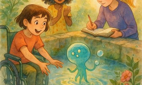 There are four characters: Maya, about 11, short brown hair and lively eyebrows, seated in a green metal wheelchair at the front left reaching toward the creature in the water; Lila, 12, very tall, blond ponytail, wearing a purple sweater and holding an open notebook, standing to Maya’s right leaning over the wash basin writing; Cora, 10, curly black hair, yellow polka-dot dress, standing slightly behind in the middle, clapping and watching the creature in wonder; and Bubble, a small round translucent blue-green nacreous alien with three aligned glowing eyes and thin undulating arms, floating just above the water at the center of the old moss-covered stone wash basin and blowing small glowing bubbles. The shallow basin reflects the sky, surrounded by rounded worn stones, ferns and wild roses with sparkling droplets, lit by warm late-afternoon light that brings out iridescent reflections; the three girls discover and play with Bubble as it counts with them by blowing glowing bubbles (one, two, three), their faces full of wonder and controlled splashes creating bright watercolor-like spots.