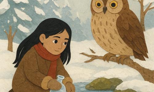 Astrid, a brave young girl with hair as black as a river at night, is kneeling by a small frozen stream, her eyes shining with hope and determination. She wears a thick wool coat and holds a vial ready to be filled with magical water. Next to her, a large owl with golden eyes, perched on a low branch, watches attentively with a wise and kind gaze. The surrounding landscape is a snowy forest, with trees heavy with snow and a pale, bright winter sky. The main scene shows Astrid discovering the source of the first thaw, a small circle of clear water surrounded by mossy stones, with shimmering reflections under the soft twilight light.