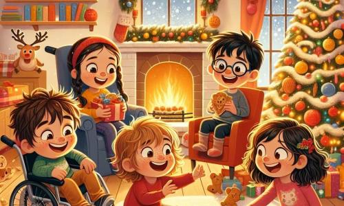 En una acogedora sala de estar decorada para Navidad, vemos a cuatro niños alegres. Mateo, un niño de ocho años, está sentado en su silla de ruedas, con el cabello castaño desordenado y una gran sonrisa en su rostro. A su lado, su hermana Sofía, una niña de diez años con largos trenzas y gafas, señala un árbol de Navidad brillante. Javier, un niño de ocho años con cabello negro y pecas, ríe mientras sostiene un gofre en forma de reno, mientras que Lucía, una niña de siete años con rizos dorados y un vestido rojo, se acerca para tomar un gofre. Todos están rodeados de guirnaldas luminosas y decoraciones coloridas, creando un ambiente festivo. La habitación está llena de calidez, con un gran árbol iluminado en el centro, regalos coloridos debajo y una chimenea crepitante que proyecta una suave luz dorada. La escena muestra a los niños descubriendo una caja sorpresa en la nieve, con expresiones maravilladas en sus rostros, simbolizando la magia de la Navidad y la amistad.