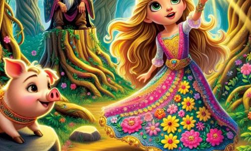 A princesa Lúcia, uma jovem de cerca de 12 anos, está no centro da imagem, com longos cabelos dourados ao vento. Ela usa um vestido colorido adornado com flores vibrantes, seu rosto irradiando determinação corajosa e doce bondade. Ela toca uma flor dourada, com um olhar maravilhado, pronta para enfrentar o desafio que a aguarda. Ao seu lado, um porquinho travesso chamado Tobias, com grandes orelhas e olhos brilhantes, observa Lúcia com um sorriso encorajador. Ele está sentado sobre uma pedra, pronto para acompanhá-la em sua busca. Ao fundo, um velho sábio com uma longa barba branca e olhos brilhantes observa a cena, sentado em um tronco de árvore, seu rosto refletindo sabedoria e bondade. O cenário é uma magnífica floresta encantada, repleta de árvores de troncos retorcidos e flores coloridas que parecem dançar ao ritmo do vento. Raios de sol penetram através da folhagem, iluminando o caminho que Lúcia deve seguir. A situação principal mostra Lúcia, cheia de coragem, se preparando para tocar a flor dourada que despertou a maldição do reino, com Tobias ao seu lado, prontos para começar sua aventura mágica.