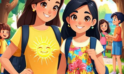 Clara, uma menina de 12 anos, tem cabelos castanhos e olhos cheios de curiosidade. Ela usa uma camiseta amarela com um desenho de sol e um short de jeans, exibindo um sorriso caloroso e uma expressão de entusiasmo. Ao seu lado, Leila, outra menina de 12 anos, tem cabelos negros e olhos escuros, vestida com um vestido colorido de estampas florais. Ela olha para Clara com uma expressão de gratidão e esperança. A cena acontece em um pátio escolar animado, cercado por árvores com folhas verdes brilhantes e bancos de madeira. Crianças riem e brincam ao redor de uma barraca decorada com balões coloridos, onde roupas e brinquedos estão expostos para um bazar de solidariedade. A situação principal mostra Clara e Leila conversando alegremente, cercadas por seus amigos, enquanto organizam o bazar para ajudar crianças necessitadas, criando uma atmosfera de camaradagem e solidariedade.