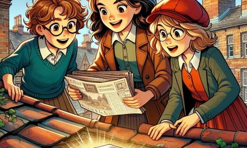 Três meninas de 10 anos estão no topo de um velho telhado de escola. Clara, com cabelos cacheados castanhos e um sorriso travesso, segura um velho diário nas mãos, com os olhos brilhando de excitação. Sofia, com cabelos loiros lisos e usando óculos, observa atentamente um mapa antigo, com a boca ligeiramente aberta em surpresa. Mariana, com cabelos castanhos e um boné vermelho, aponta para uma caixa de metal brilhante escondida entre as telhas, seu rosto iluminado pela descoberta. O local é um telhado antigo de uma escola abandonada, cercado por velhas chaminés de tijolos, com telhas desgastadas e plantas trepadeiras agarradas às paredes. O céu é azul com algumas nuvens brancas, e o sol ilumina a cena, criando uma atmosfera de aventura e mistério. As três amigas descobrem um tesouro escondido, uma caixa de metal cintilante, enquanto estão juntas, maravilhadas com a descoberta, prontas para resolver o mistério ao seu redor.
