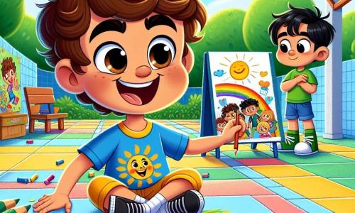 Um garoto de 6 anos, chamado João, está no centro da imagem. Ele tem cabelos castanhos e cacheados, um grande sorriso no rosto e usa uma camiseta azul com um desenho de sol e um short amarelo. João está desenhando em um grande painel mural, cercado por lápis de cor vibrantes, com uma expressão de determinação e alegria. À sua direita, seu amigo Pedro, também um garoto de 6 anos, tem cabelos negros e usa uma camisa verde. Ele olha para João com admiração, um leve sorriso nos lábios, enquanto segura um lápis na mão, pronto para adicionar seu próprio desenho ao mural. O cenário é um pátio escolar ensolarado, com árvores verdes ao fundo e crianças brincando ao longe. O chão é coberto de ladrilhos coloridos, e o grande painel mural está cheio de desenhos vibrantes representando crianças unidas, corações e palavras positivas. A situação principal mostra João e Pedro colaborando para criar um mural da amizade, simbolizando a luta contra o bullying. João desenha com entusiasmo, enquanto Pedro, inspirado, se prepara para participar, ilustrando assim o poder da amizade e da solidariedade.