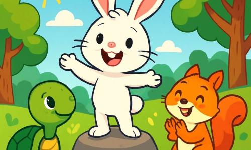 Benny, a small rabbit with big ears and snow-white fur, stands on a rock in the middle of a lush meadow, his face beaming with joy and excitement. He smiles widely, his eyes sparkling with enthusiasm as he addresses his friends. Next to him, Lucy, a little squirrel with reddish fur and twinkling eyes, claps enthusiastically, her face lit up by a big smile. Max, a turtle with a green shell and gentle eyes, stands a bit back, watching with admiration and a slight smile on his lips. The setting is a sunny meadow surrounded by majestic trees with vibrant leaves, with colorful flowers dancing in the breeze. The scene is filled with light, creating a joyful and welcoming atmosphere. Benny excitedly announces the start of Health Day, surrounded by his friends, all ready to learn and have fun together, sharing laughter and moments of happiness.