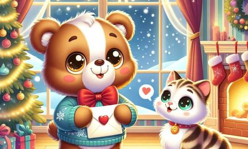 An adorable teddy bear named Button, with shiny eyes and a red bow around its neck, stands in the center of the room, looking determined and joyful, holding a small letter for Santa. Next to him, a graceful cat named Sparkle, with striped fur and sparkling green eyes, watches him curiously from the windowsill, a mischievous smile on her face. The scene takes place in a warm and festive living room, decorated with a large illuminated Christmas tree, sparkling garlands, and stockings hung by the fireplace, while snowflakes gently fall outside. Ready for a magical adventure, Button prepares to deliver the letter to Santa, while Sparkle enthusiastically encourages him, creating a joyful and hopeful atmosphere.