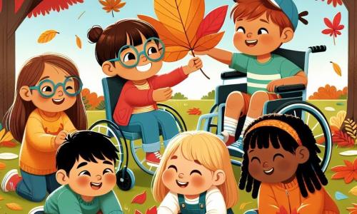 En un parque en otoño, cinco niños juegan juntos. Ana, una niña de 8 años con cabello castaño y gafas, sonríe sosteniendo una hoja roja. Junto a ella, Tomás, un niño de 7 años con cabello rubio y ojos brillantes, muestra una gran hoja amarilla que encontró. Sofía, una niña de 9 años en silla de ruedas, ríe alegremente mientras Lucas, un niño de 8 años con cabello negro y gorra, la ayuda a acercarse a las hojas. Finalmente, está Emma, una niña de 6 años con trenzas y un suéter naranja, que recoge hojas del suelo. El parque está lleno de árboles de colores vibrantes, con hojas que caen suavemente. El suelo está cubierto de un tapiz de hojas amarillas, rojas y naranjas, y el cielo es de un azul claro con nubes blancas. Los niños se sientan en la hierba para crear una hermosa obra de arte con las hojas que han recogido, riendo y animándose mutuamente en un ambiente alegre y festivo.