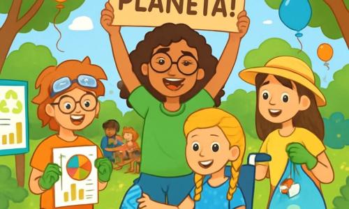 Jest czterech dzieci: Nadia, 12-letnia dziewczynka z kręconymi brązowymi włosami i okularami, trzyma duży kartonowy plakat z napisem "To nasza planeta!", stoi w centrum, uśmiechnięta i pełna energii; Zosia, 12-letnia dziewczynka z warkoczami blond, w kolorowym wózku inwalidzkim, w niebieskiej sukience w kropki, pomaga młodszym segregować odpady; Maja, 12-letnia dziewczynka z rozczochranymi rudymi włosami i okularami ochronnymi na czole, pokazuje kolorowy wykres, tłumacząc znaczenie recyklingu, stoi po lewej stronie Nadii; Klara, 12-letnia dziewczynka z gładkimi kasztanowymi włosami i słomkowym kapeluszem, w żółtej koszulce i materiałowych spodniach, stoi po prawej stronie Nadii, trzyma torbę z recyklingowymi odpadami, zachęcając dzieci do uczestnictwa. Akcja rozgrywa się w słonecznym parku, otoczonym zielonymi drzewami i kolorowymi kwiatami, z drewnianymi stołami piknikowymi, bawiącymi się dziećmi na trawie i tablicami informacyjnymi o recyklingu. Dzieci organizują wielkie wydarzenie sprzątania i recyklingu, zbierają odpady, segregują plastik i papier, uśmiechając się i radośnie rozmawiając. Atmosfera jest dynamiczna i pełna entuzjazmu, ilustrując ich zaangażowanie w ochronę środowiska.