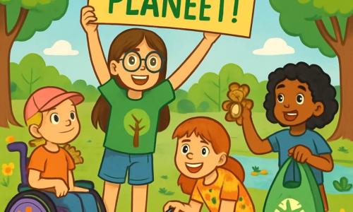 Er zijn 4 kinderen: - Eva: een 11-jarig meisje met lang bruin haar en ronde brillen. Ze draagt een groene t-shirt met een tekening van een boom en een spijkerbroekshort. Ze houdt een groot bord met de tekst 