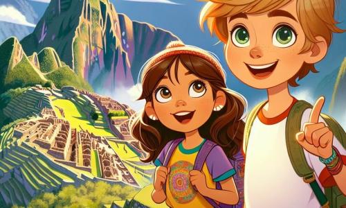 Een 8-jarig meisje, Lotte, met lange bruine haren en nieuwsgierige ogen, staat op de top van een berg, verwonderd over het uitzicht op Machu Picchu. Ze draagt een kleurrijk t-shirt en een kleine rugzak vol souvenirs. Naast haar staat haar beste vriend Sam, een 8-jarige jongen met rommelig blond haar en een brede glimlach, die naar een oude ruïne wijst, met glinsterende ogen van opwinding. Het landschap is spectaculair: groene bergen omringen de Inca-stad, omhuld door lichte wolken, met stenen landbouwterrassen en kleurrijke bloemen die een vleugje magie aan de scène toevoegen. Lotte en Sam ontdekken samen de schoonheid van Machu Picchu, hun gezichten verlicht door vreugde en verwondering terwijl ze deze historische plek verkennen.