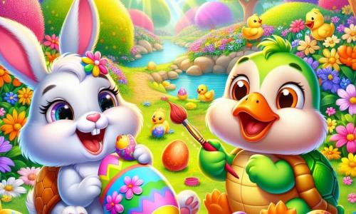 Un adorable conejito llamado Pipo, con un pelaje colorido como un arcoíris, orejas rosas y una cola naranja, está pintando huevos de Pascua con una gran sonrisa en su rostro. A su lado, una tortuga llamada Tula, con un caparazón verde y ojos dulces, observa con asombro un huevo que acaba de decorar con flores coloridas. Un pato llamado Pato, con plumaje amarillo brillante y un aire juguetón, sostiene un pincel en su pico y añade dibujos de patitos en un huevo. El fondo es un jardín encantador, lleno de flores brillantes, árboles verdes y rayos de sol que iluminan la escena. La situación principal muestra a Pipo y sus amigos en plena actividad, rodeados de numerosos huevos de Pascua coloridos, riendo y divirtiéndose juntos en un ambiente festivo y alegre.