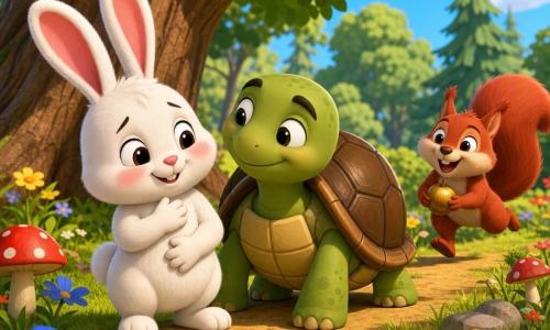 Un pequeño conejo blanco y esponjoso de orejas largas y rosadas, ojos redondos y brillantes, sonrisa tímida y mejillas sonrosadas, sostiene su vientre como si sintiera mariposas; a su lado una tortuga verde con caparazón marrón pulido, ojos dulces y cejas amigables, apoyada en el suelo; un pequeño ardilla rojiza de pelaje alborotado y ojos vivaces corre hacia ellos con una nuez dorada, ubicada ligeramente al fondo a la derecha; la escena transcurre en un claro soleado del bosque con hierba tierna, flores azules, amarillas y rojas, algunos hongos redondos y un gran árbol de tronco texturizado al fondo; ambiente cálido y lúdico, colores vivos y luz dorada, composición centrada en el trío mostrando al conejo curioso y emocionado entre amigos reconfortantes.