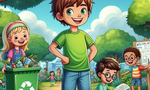 Un chico de 12 años, Lucas, con el pelo castaño desordenado y ojos llenos de determinación, está en el centro de la imagen, sonriendo con entusiasmo. Lleva una camiseta verde brillante y pantalones cortos de mezclilla, sosteniendo un gran contenedor de reciclaje, listo para llenarlo de basura. A su lado, Sara, una niña de 11 años con pelo largo y rubio, con una diadema colorida, cuelga un cartel de cartón que dice "¡Protejamos nuestro parque!" y muestra una sonrisa radiante. Tomás, un chico de 12 años con gafas redondas y piel morena, está sentado en el suelo, dibujando planes para un proyecto ecológico en una hoja de papel, con expresión concentrada. Al fondo, el parque verde está lleno de árboles majestuosos, flores coloridas y risas de niños jugando. Hay bolsas de basura esparcidas a su alrededor, y el sol brilla en un cielo azul claro, creando un ambiente alegre y dinámico. La escena principal muestra a Lucas y sus amigos limpiando el parque, llenando bolsas de basura mientras se divierten, ilustrando su compromiso con la ecología.