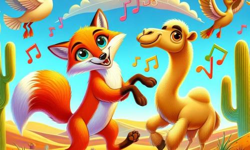 A bright orange fox with a bushy tail, sparkling curious eyes, and a wide smile stands at the center of the scene, surrounded by ducks flying in formation in the sky. To its right, a beige dromedary with mischievous large eyes, looking amused, dances in rhythm with the fox. In the background, a top hat-shaped cloud floats, with colorful musical notes escaping from it. The setting is a golden desert dotted with oddly shaped cacti and rolling dunes, under a bright blue sky. The scene depicts the fox and the dromedary performing a joyful dance, while the ducks form a heart in the sky, creating a festive and cheerful atmosphere.