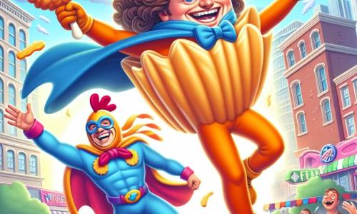 Un supereroe di nome SuperFrittella, un uomo di circa trent'anni con un costume colorato a forma di frittella, sorridente e pieno di energia, vola sopra una città animata, pronto a lanciare una frittella gigante. I suoi capelli sono castani e ricci, e indossa un mantello che fluttua dietro di lui come una bandiera gioiosa. Accanto a lui, PolloMan, un uomo di circa 25 anni, vestito con un costume da pollo gigante e una maschera da pollo, ride di gusto mentre tiene un cartello con una barzelletta sulle galline. La scena si svolge in una strada affollata di una città colorata, con edifici dalle facciate vivaci, bambini che ridono e persone che guardano con meraviglia. Nuvole a forma di frittelle fluttuano nel cielo blu, aggiungendo un tocco di magia all'atmosfera. La situazione principale mostra SuperFrittella che lancia una frittella gigante verso il malvagio Il Gelo, un personaggio sullo sfondo, che è sorpreso e ride, mentre gelati volano intorno a lui, creando una scena dinamica e umoristica.