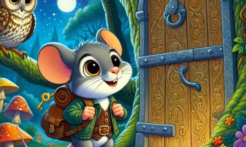 Max, een kleine grijze muis met sprankelende ogen en grote oren, staat voor een oude houten deur versierd met mysterieuze patronen, zijn gezicht straalt van opwinding en nieuwsgierigheid. Hij draagt een kleine versleten leren rugzak vol schatten en kijkt verwonderd naar de gouden sleutel die hij in zijn kleine pootjes houdt. Naast hem zit een wijze uil met bruin en gouden veren, op een tak, die de scène met een welwillende en nieuwsgierige blik observeert. Haar grote ronde ogen stralen intelligentie uit, en ze lijkt klaar om Max advies te geven. De locatie is een betoverd bos, met majestueuze bomen, dikke stammen en heldergroene bladeren, verlicht door maanstralen die door het loof filteren. Kleurrijke bloemen en vreemde paddenstoelen bedekken de grond, wat een vleugje magie aan de omgeving toevoegt. De belangrijkste situatie toont Max, vastberaden en blij, klaar om de geheime deur te openen die leidt naar het avontuur van het ontdekken van een verborgen schat, terwijl de uil hem stilletjes aanmoedigt vanuit haar tak.